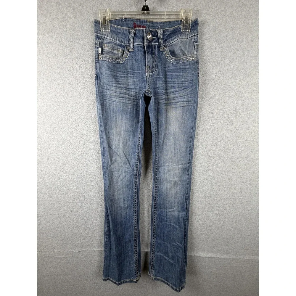 Baker Street Jeans‎ Juniors 1 Blue Bootcut Stretch Rhinestone Studded Distressed